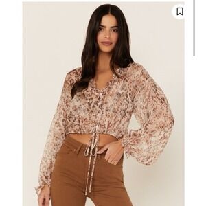 Lush Sheer‎ Blouse Animal Print Large  Coquette Rust brown  Cropped top